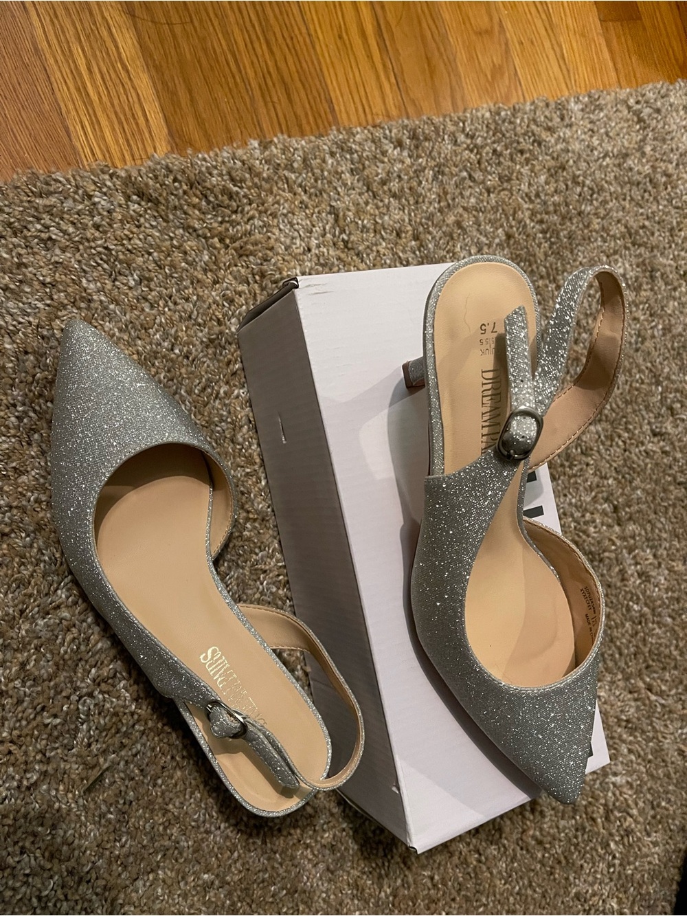 Dream Pairs Silver Glitter Pointed Slingback Flats with Buckle